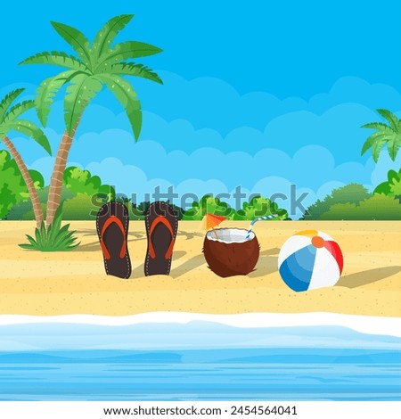 Coconut with cold drink, alcohol cocktail, flip-flops, ball. Landscape of palm tree on beach. Day in tropical place. Vacation and holidays. Vector illustration flat style