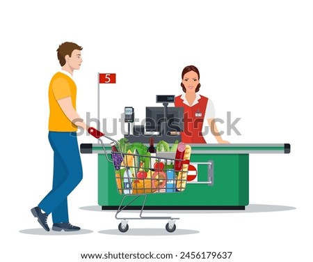 People Shopping in supermarket. woman cashier in supermarket. Cash register, Cashier and buyer with cart. Vector illustration in flat style