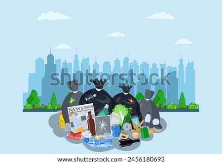 Steel garbage bin full of trash on street with city skyline. Garbage recycling and utilization equipment. Vector illustration in flat style