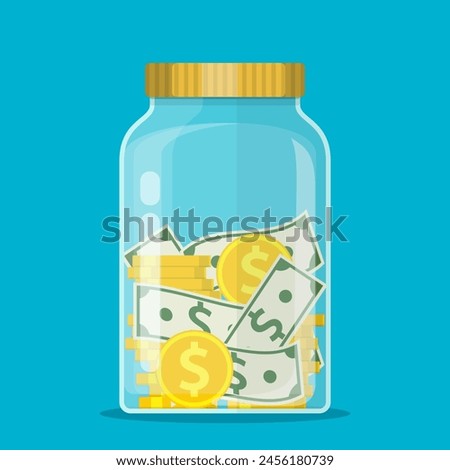 Money Jar. Saving dollar coin in jar.Save your money concept. Vector illustration in flat style