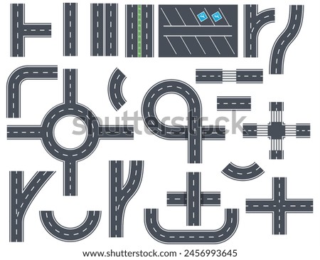 Asphalt roads design elements for city map. Street and road with footpaths and crossroads. elements for city map. Highway asphalt path traffic streets. Vector illustration in flat style