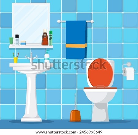 Bathroom interior with toilet bowl, washbasin and mirror. Vector illustration in flat style