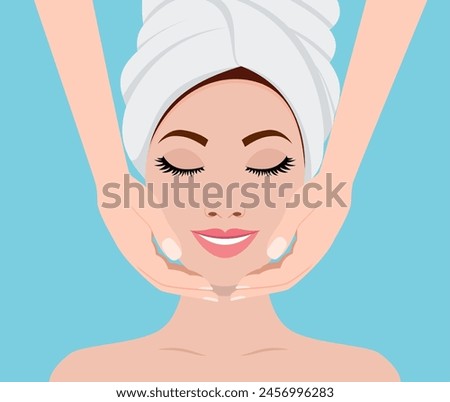 Face massage. Spa skin and body care. Close-up of young woman getting spa massage treatment at beauty spa salon. SPA beauty and health concept. Vector illustration in flat style