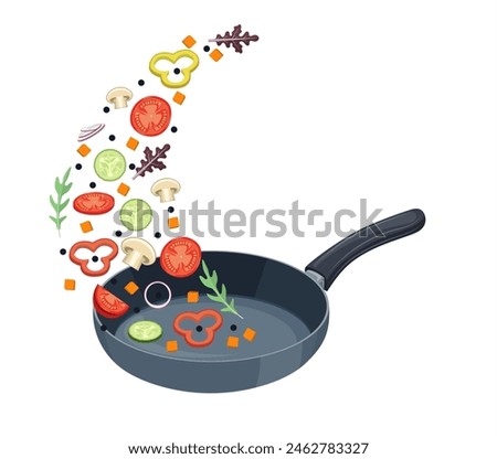 cooking pan with vegetables. Healthy food concept. Vegetables are flying out of the pan isolated on white background. Vector illustration in flat style