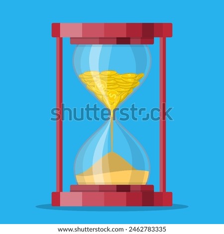 Old style hourglass clocks with dollar coins inside. Time is money concept. Vector illustration in flat style