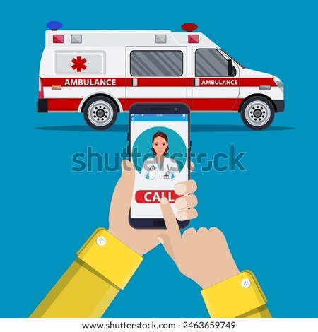 call ambulance car via mobile phone, concept emergency call. Smartphone in hand with doctor and ambulance car behind. Vector illustration in flat style