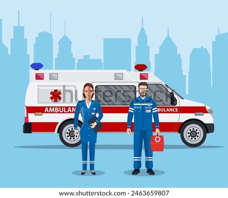 ambulance medical service first aid concept. doctor nurse ambulance car. Vector illustration in flat style