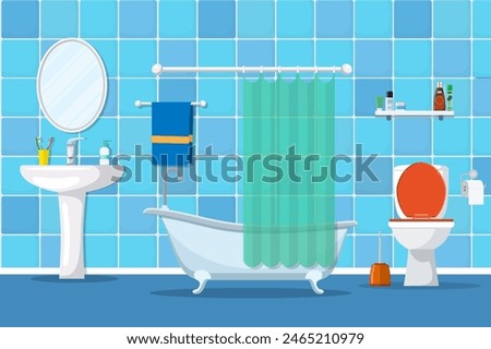 Interior of a bathroom with a toilet and accessories for washing and taking a shower. Vector illustration in flat style