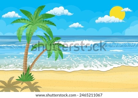 Summer beach with a sun, palm trees and cloudless sky. Template for your poster