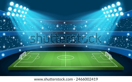 Soccer game Vector Stadium. Football arena field with bright stadium lights design