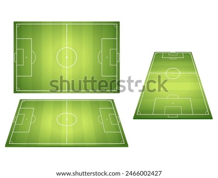 Set Of Football Soccer Fields. Football fields with trampled down grass. Top view and perspective view