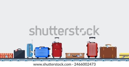 Airport conveyor belt with passenger luggage bags vector illustration. Airport baggage belt, luggage for travel, terminal conveyor. vector illustration in flat design