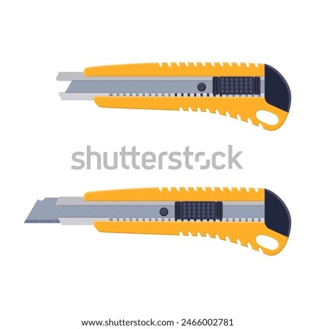 Yellow box cutter instrument isolated on white. Snap-off blade, stationery office supply knife. Boxcutter tool. Vector illustration in flat style