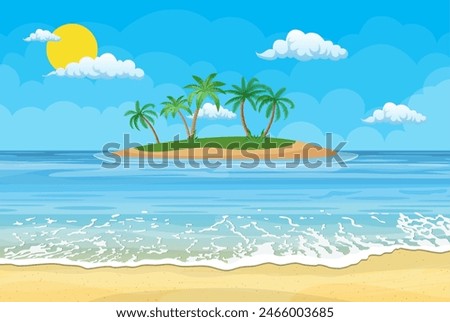 Summer beach with a sun, palm trees and cloudless sky. Template for your poster