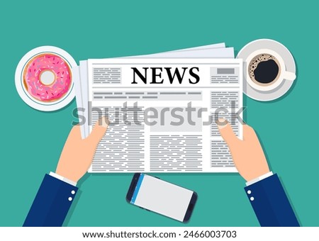 Business man hands holding newspaper with world news words headline, coffee break, lunch, breakfast, Vector illustration in flat style