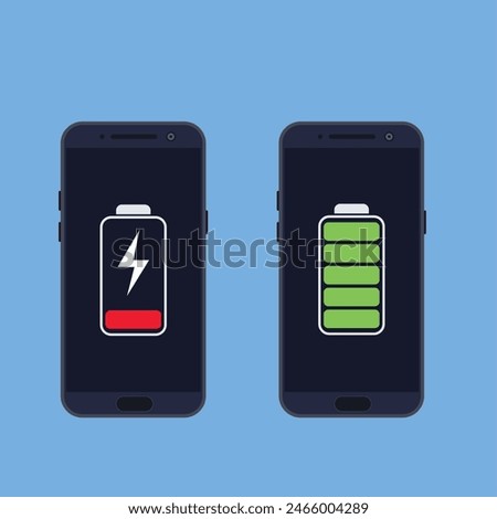 Two smartphones with energy level icons, low battery and charged full. Vector illustration in flat style