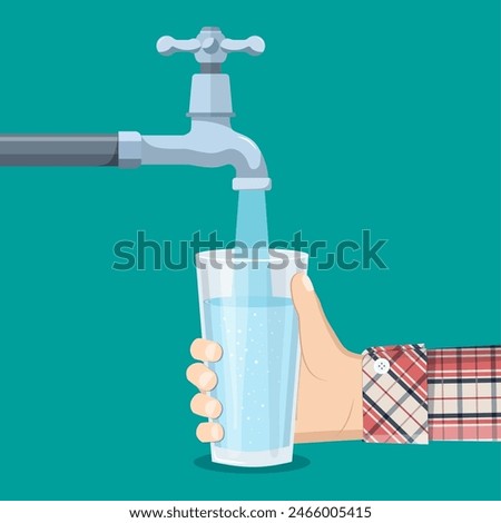 Pour water into the glass from the tap. Cup of purified water holding in hand. Man drinking healthy beverage. Person filling up a glass. Vector illustration in flat style