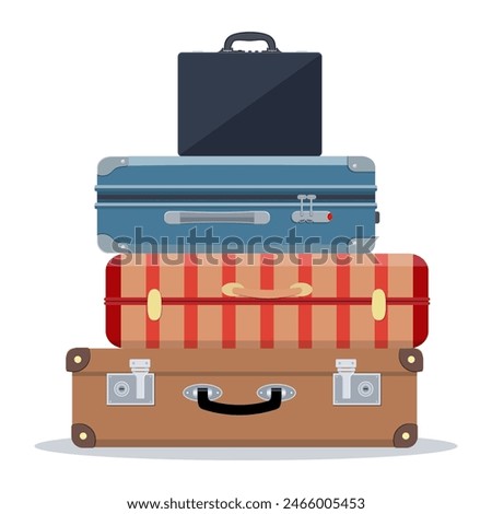 Travel suitcases stacked. Illustration for travel, holidays, trips. Suitcases vacation. Vector illustration in flat style