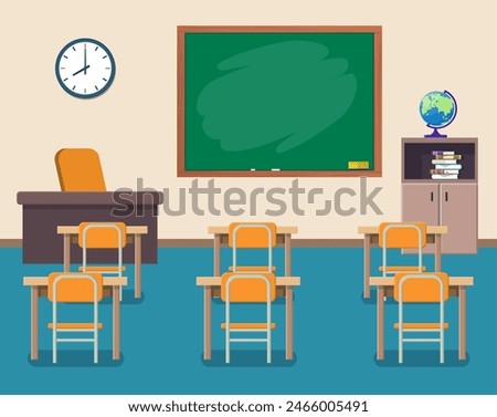 School classroom with chalkboard and desks. Class for education, courses or training. Vector illustration in flat style