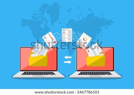 File transfer. Two laptops with folders on screen and transferred documents. Copy files, data exchange, backup, PC migration, file sharing concepts. vector illustration in flat design