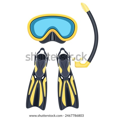 scuba mask and snorkel, diving flippers isolated on white background, Vector illustration in flat style