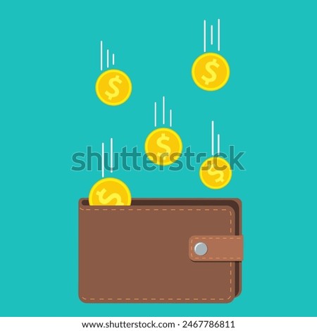 Golden coins money flying in wallet. concept of fund savings, cash earnings, financial success, getting wealth. Vector illustration in flat style