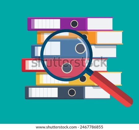 Files, ring binders and and magnifying glass, colorful office folders. Side view. Bureaucracy, paperwork and office. Vector illustration in flat style