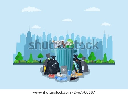 Steel garbage bin full of trash on street with city skyline. Garbage recycling and utilization equipment. Vector illustration in flat style