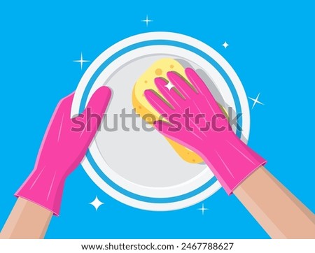 Hand in gloves with sponge wash plate. Cleaning service. Washing sponge. Kitchenware scouring pads. Kitchen and bath cleaning tool accestories. Dishwashing. Vector illustration in flat style