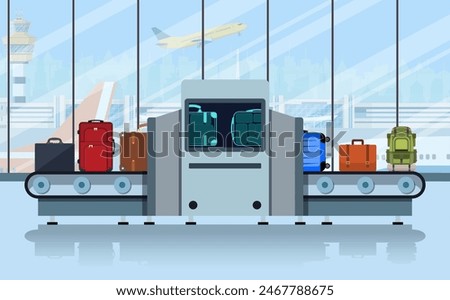 Airport conveyor belt with passenger luggage and police scanner. Terminal checkpoint vector concept. Airport baggage conveyor in terminal. vector illustration in flat design.