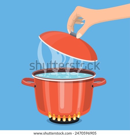 Cooking pot on stove with water and steam. Boiling water in pan. Hand holds lid. Vector illustration in flat style