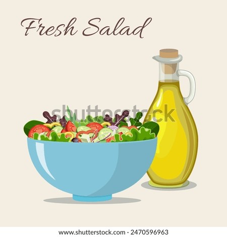 Fresh salad with olive oil. vector illustration in flat design