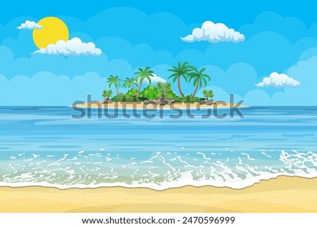 Summer beach with a sun, palm trees and cloudless sky. Template for your poster