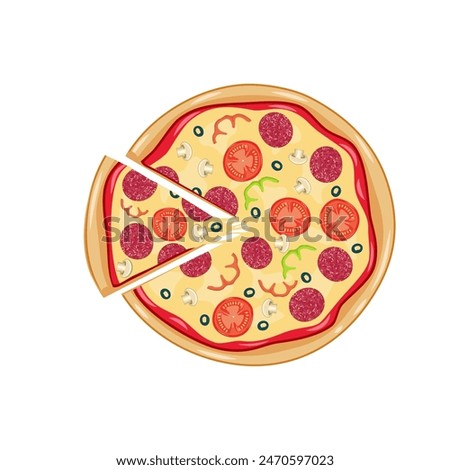 Italian pizza with tomato, sausage, pepperoni and mushrooms. top view. pizza with slice. Vector illustration in flat style