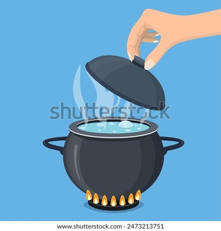 Cooking pot on stove with water and steam. Boiling water in pan. Hand holds lid. Vector illustration in flat style