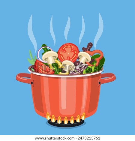 Cooking pot on stove with vegetables, mushrooms and steam. Boiling water in pan. Saucepan with tomatoes, peppers, onions, parsley. Vector illustration in flat style