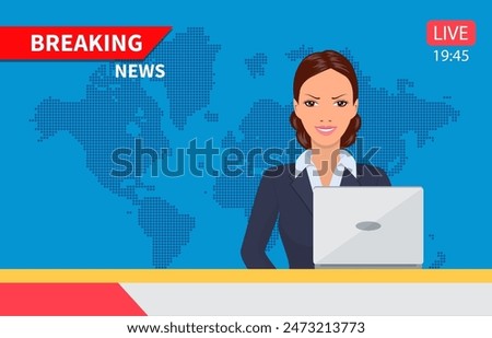 Beautiful young tv newscaster woman reporting tv news sitting in a studio. Vector illustration in flat style