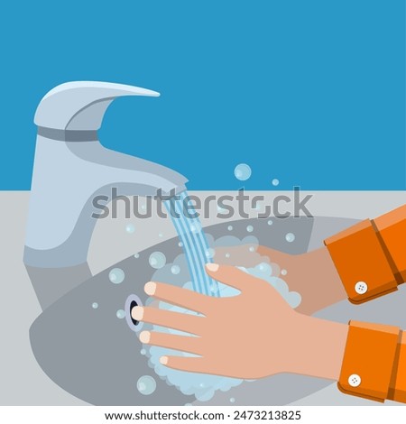 Wash hands in sink. Man holding soap in hand under water tap. Arm in foam soap bubbles. Personal hygiene. Disinfection, antibacterial washing. Vector illustration in flat style