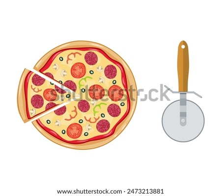 Italian pizza with tomato, sausage, pepperoni and mushrooms. top view. pizza with slice. Pizza cutter. Vector illustration in flat style