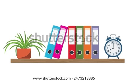 Wooden shelf with Colorful office folders, alarm clock, and flowerpot. Vector illustration in flat style