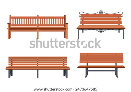 Set of various garden and city benches. Wooden and wicker benches, elements for landscape locations. Vector illustration in flat style