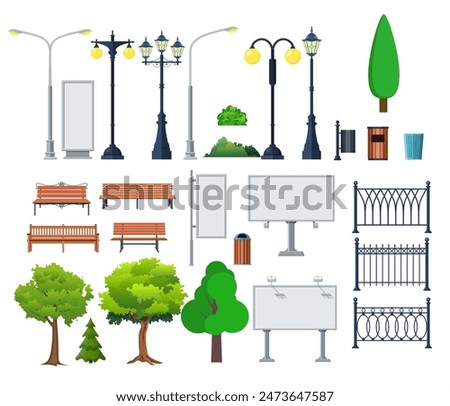 City and outdoor elements. Lamppost and container, bush and signboards. Vector illustration in flat style