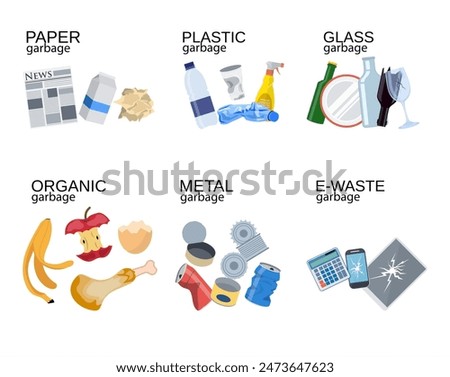 Garbage sorting food waste, glass, metal and paper, plastic electronic, organic. Vector illustration in flat style