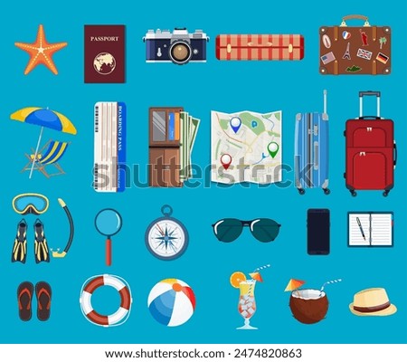 Big travel set. Summer holiday, tourism and vacation items. Bag photo camera compass, map, scuba mask, flip flops, cocktail, ball, passport ticket wallet vector illustration in flat design