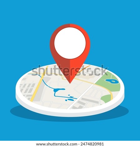 Abstract generic city map with roads, buildings, parks and river. City Map With red Marker pin, Vector illustration in flat design