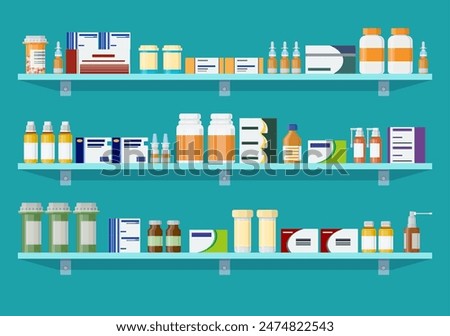 Modern interior pharmacy or drugstore. Medicine pills capsules bottles vitamins and tablets. vector illustration in flat style.