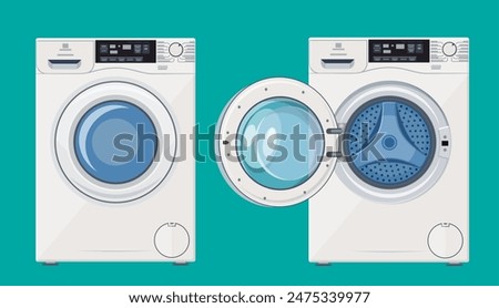 Washing machine with open and closed door icon. Vector illustration in flat style