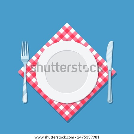 plate knife and forkon red checked cloth. vector illustration in flat style