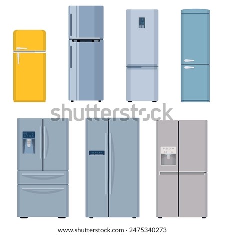 Refrigerator icon. Set refrigerators, side by side, one door, two doors. isolated on white background. Vector illustration in flat style.