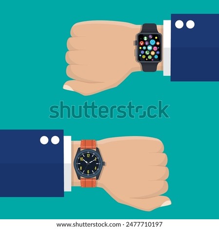 Analog watch and smart watch on businessman s hand. Vector illustration in flat style